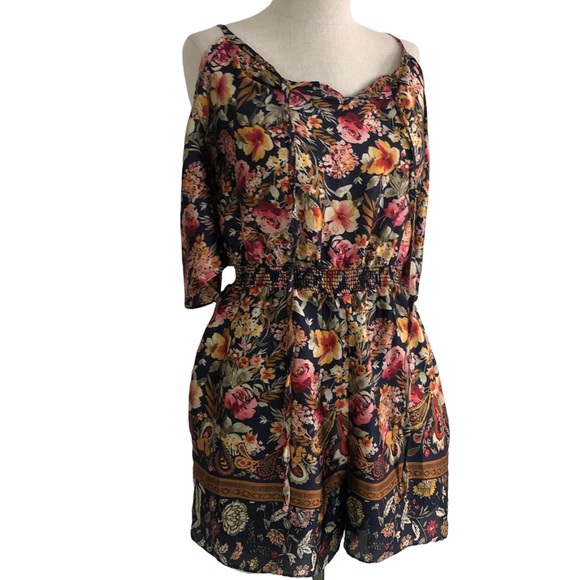 EUC Everly Cold shoulder Silk Fall Floral Foliage Romper - Picture 5 of 10